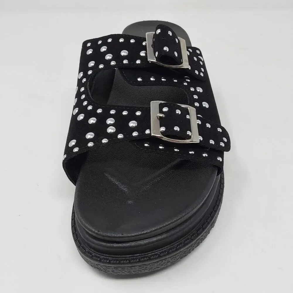 Women's Black Studded Double Buckle Platform Slide Sandals US 10.5 EU 41 New